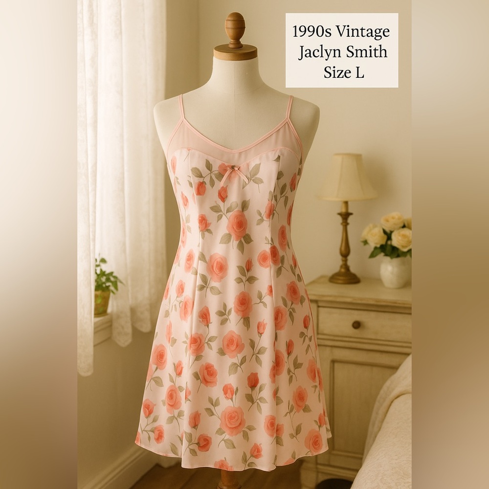 1990s Vintage Jaclyn Smith Pink Floral Nightgown Slip Dress Size L